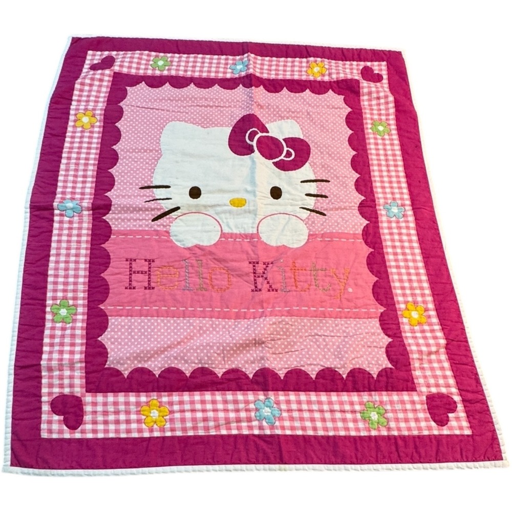 Hello Kitty Kids Quilt‎ Pink White Floral Gingham Check Soft Blanket